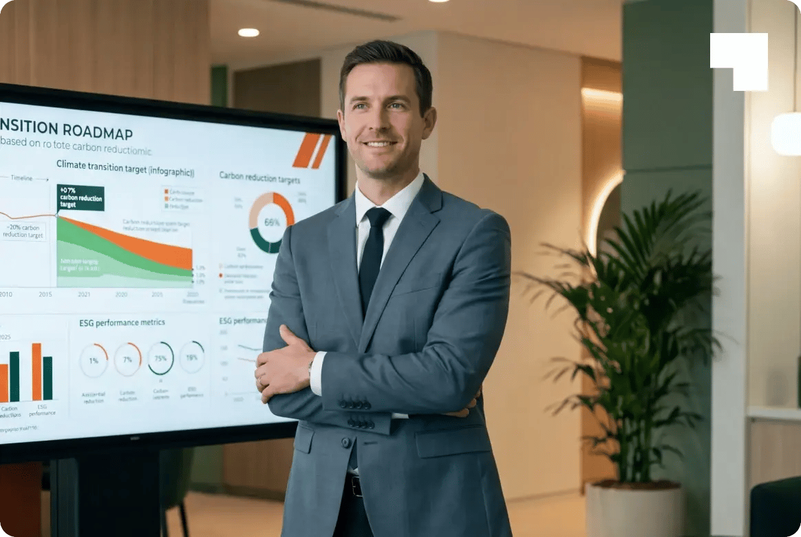 A sharp man in his late 30s in a well-fitted slate grey suit, standing confidently in front of a large screen displaying a climate transition roadmap with carbon reduction targets-1