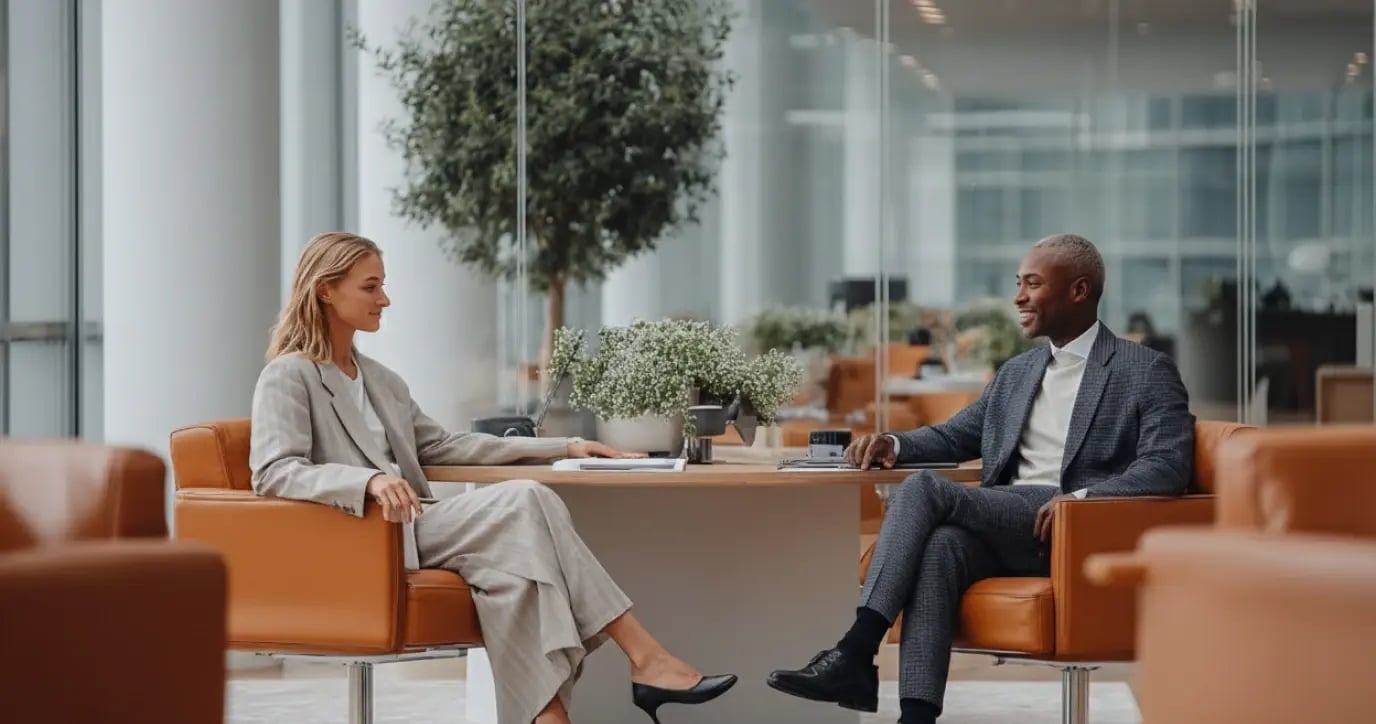 Two professionals in business meeting discussing private wealth management solutions in modern office