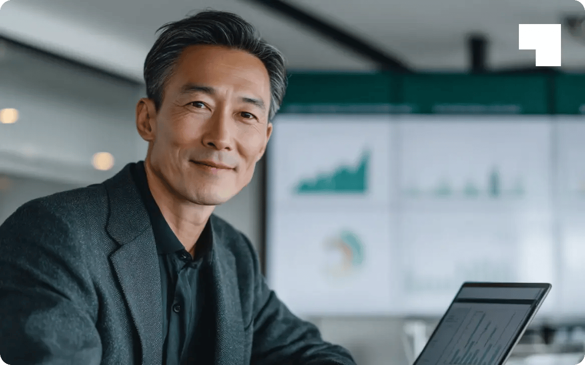 Asian businessman in business casual attire reviewing financial compliance data on laptop in modern office