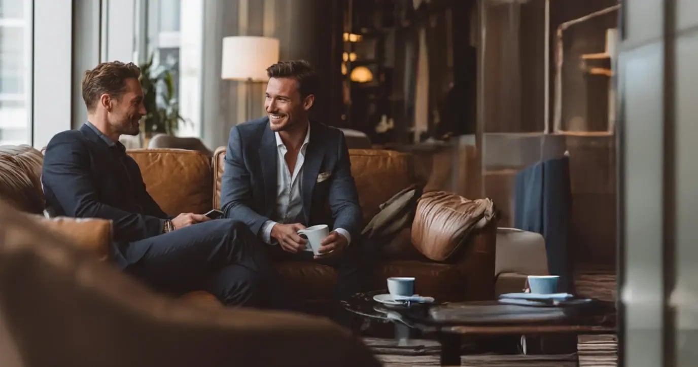 Two business professionals in suits having a consultation meeting on leather sofa in modern BVI corporate office