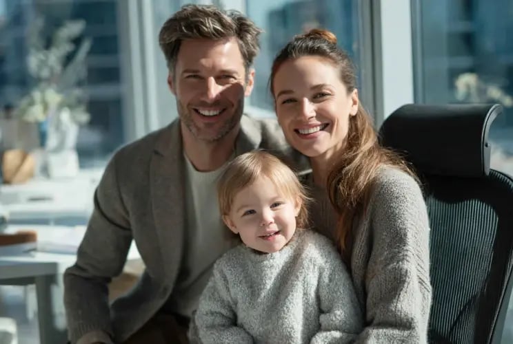 Happy family of three smiling together in modern home office setting
