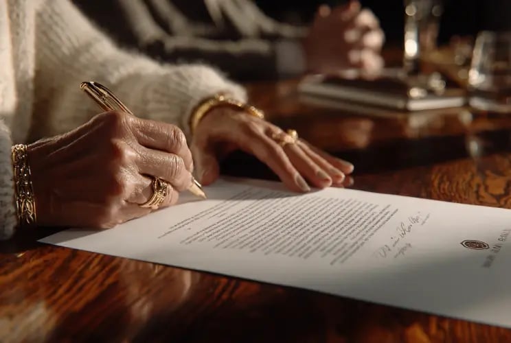 Hands signing corporate document with gold pen and rings on wooden desk