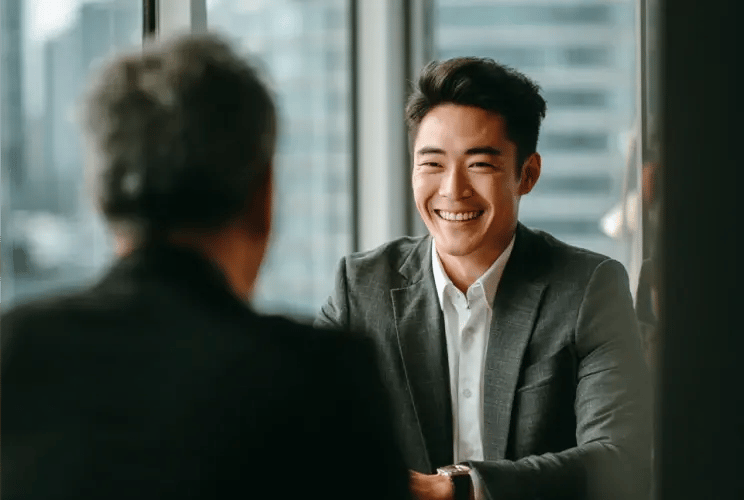 Young Asian businessman smiling during client meeting in modern office with city skyline view