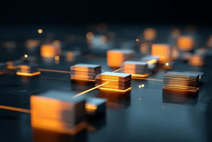Illuminated circuit board with glowing orange connections representing corporate network infrastructure and technology solutions