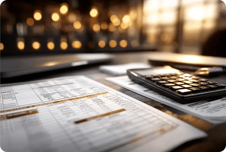 Financial spreadsheets and calculator on desk with warm office lighting in background