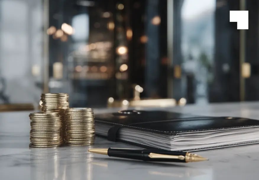 Stacked coins next to leather notebook and pen symbolizing tax planning and financial advisory services in Cyprus
