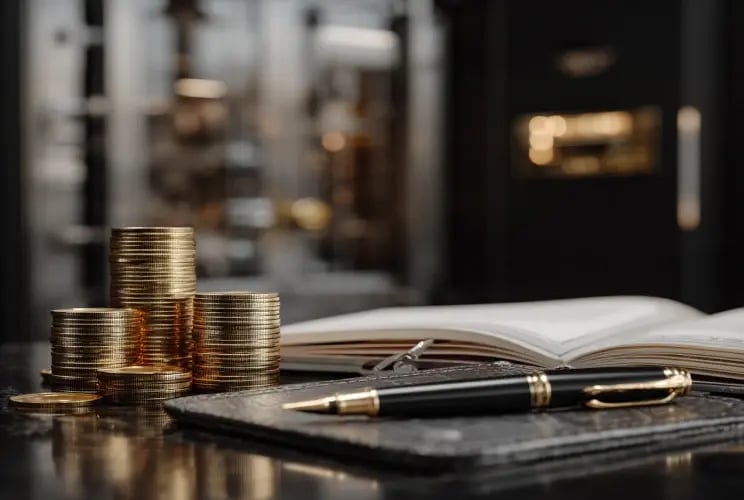 Stacked coins next to open ledger and pen symbolizing trust services and wealth management for private clients