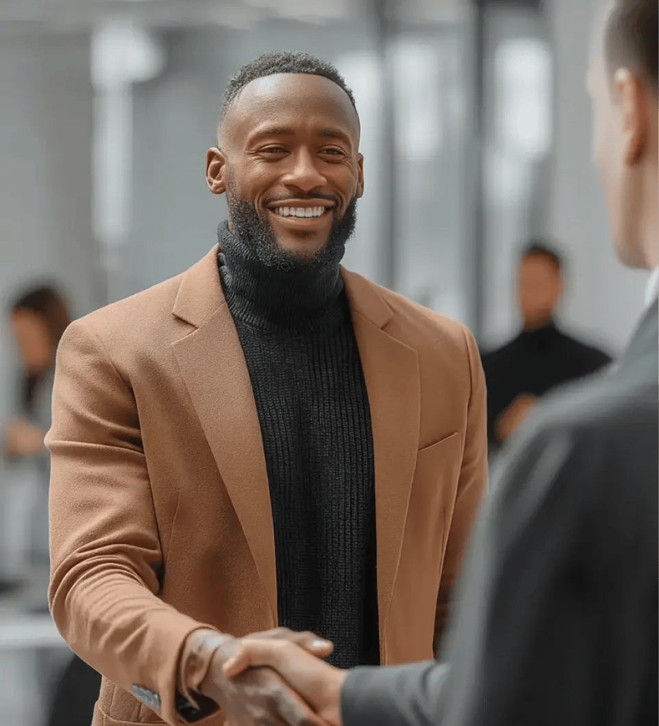 Professional businessman in camel blazer shaking hands during wealth planning consultation