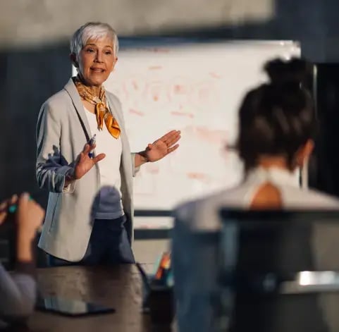 Businesswoman explaining concept with a whiteboard