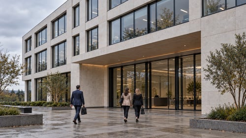 Business people walking into building to discuss BVI and Cayman company liquidation
