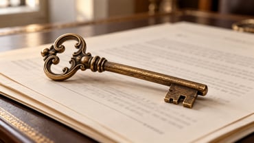 Vintage key resting on company documents, symbolising centralised ownership through a holding company.