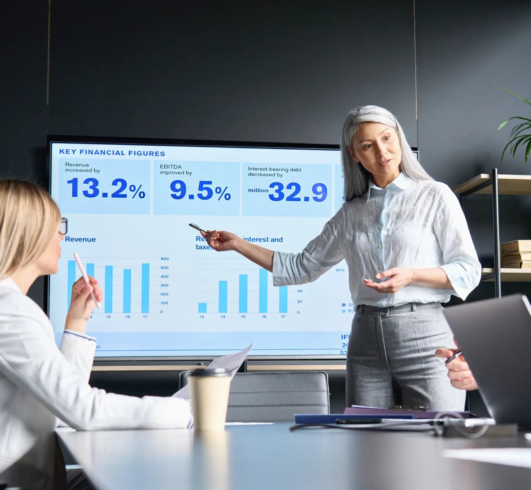 Executive presenting financial growth metrics showing 13.2% revenue increase and improved EBITDA during business meeting
