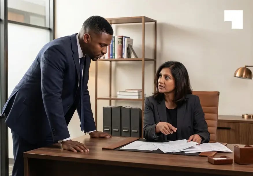 Professional woman at desk reviewing documents with male colleague in modern office setting