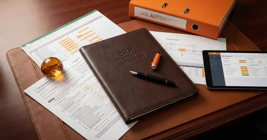 Tax automation documents with leather-bound BRID integration agreement folder, dashboard tablet, and financial charts on wooden desk