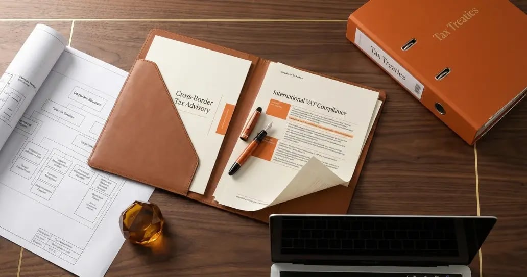 VAT Returns Q4 binder with tax documents, compliance certificates, and laptop on wooden desk